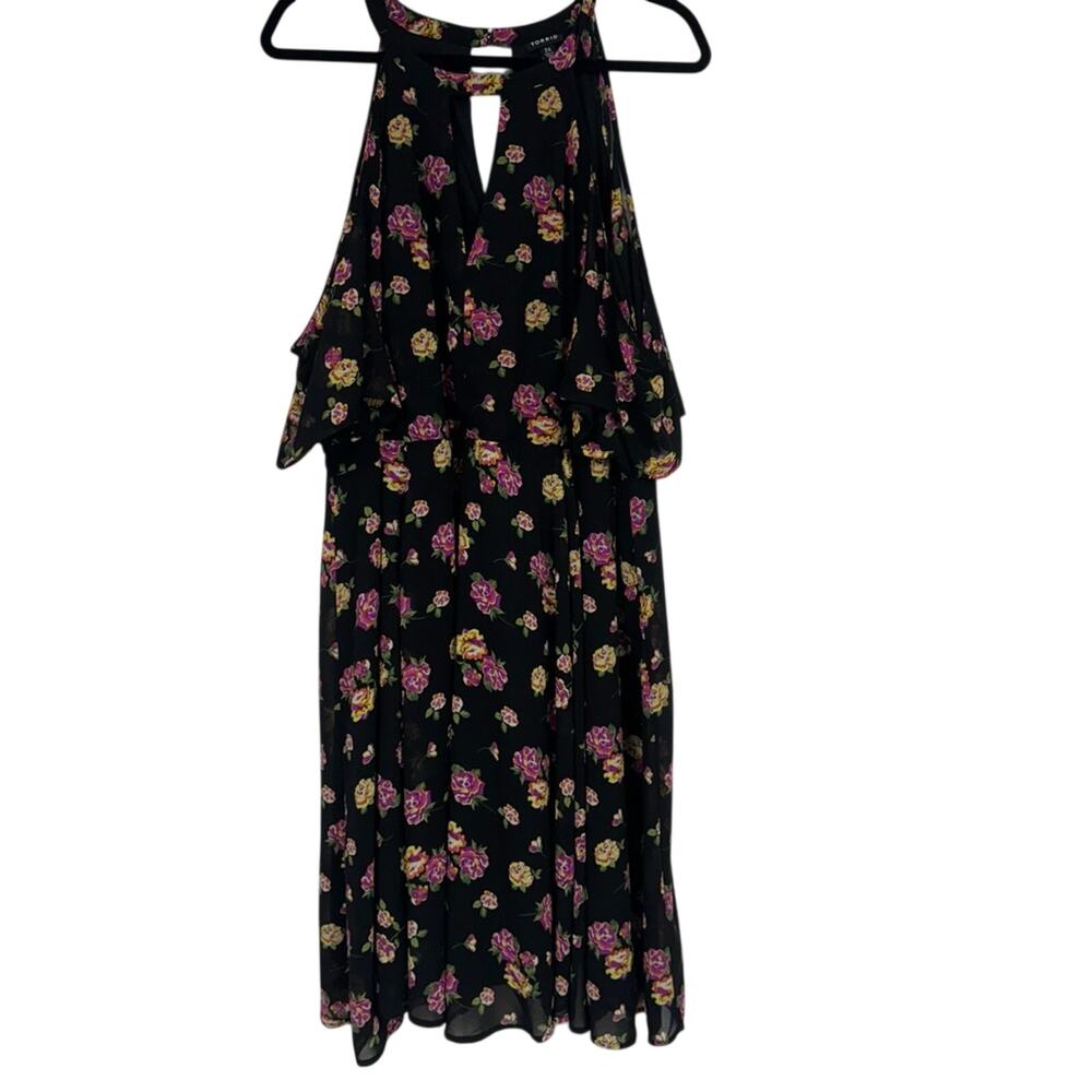 Torrid Black & Pink Floral Cold Shoulder Mini Dress Womens 24 Boho Casual Lined